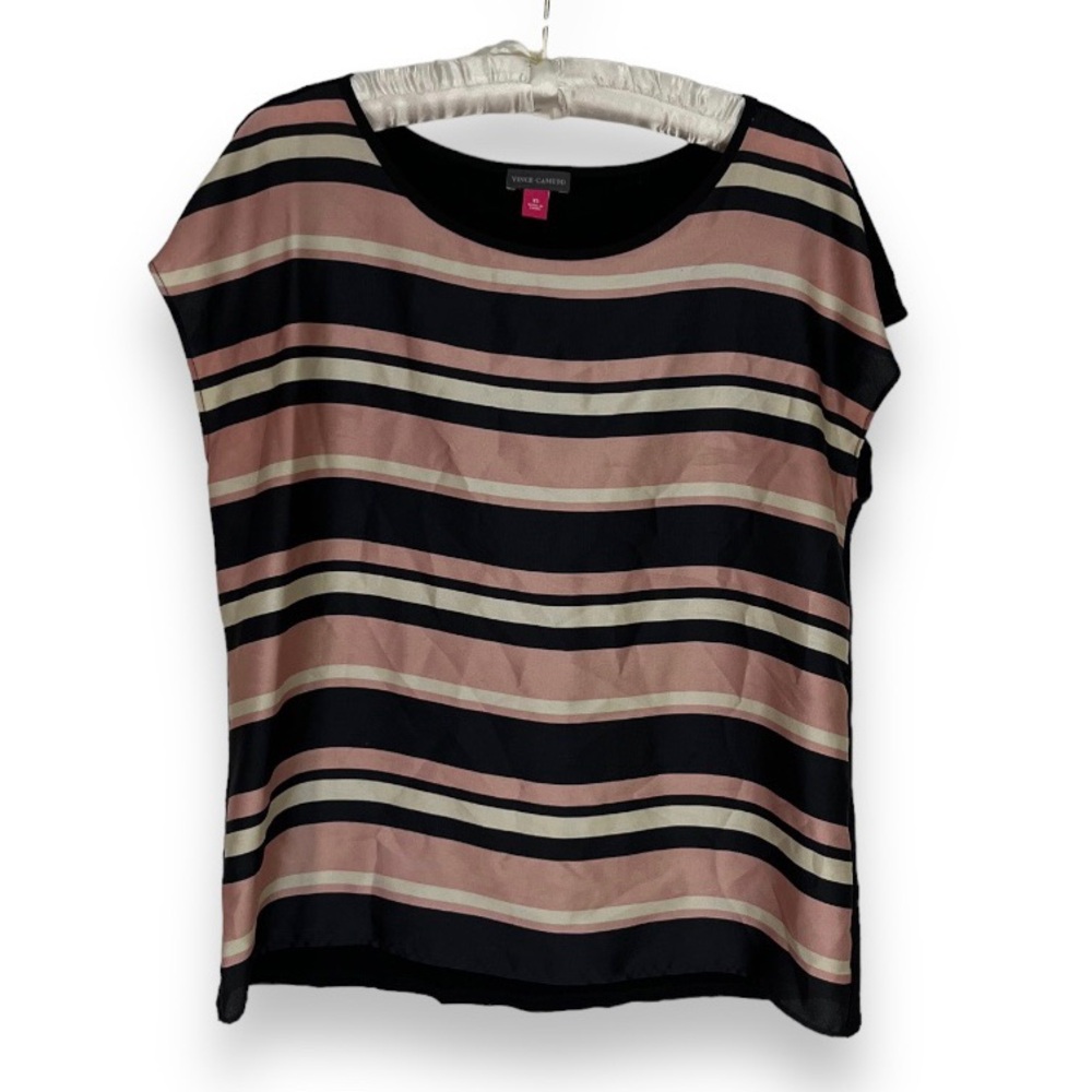 Vince Camuto Pink Striped Blouse Black White Silky Tee Flowy Preppy Modest Sz XS